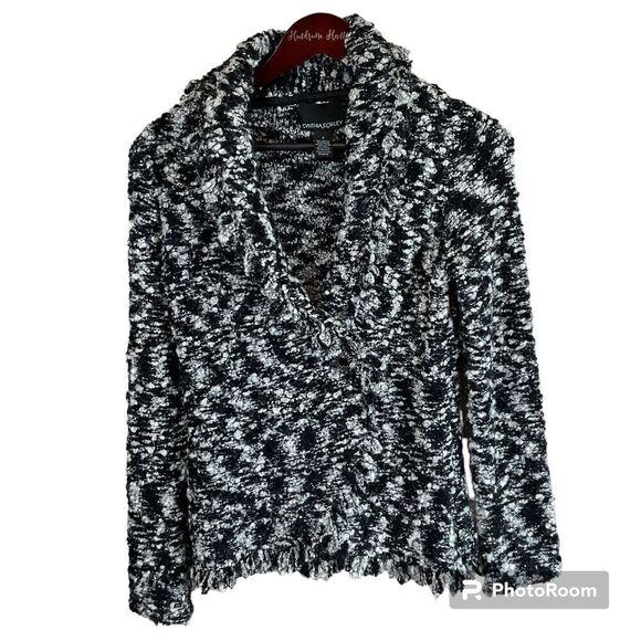 Cynthia Rowley Wrap Sweater Blazer Sz S Black White Mohair Wool Blend Fringe T1 - Picture 1 of 12